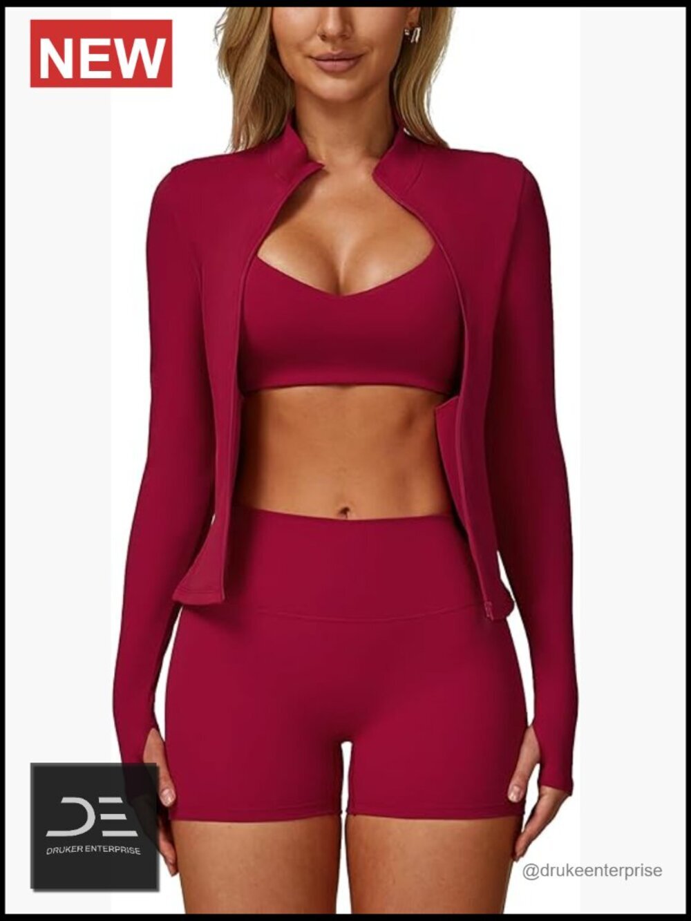 3 Piece Workout Set: Zipper Jacket, Sports Bra, High Waist Shorts